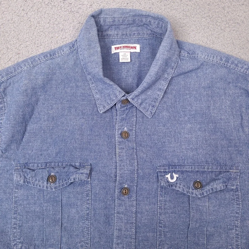 True Religion Shirt‎ Mens Large Blue Denim Chambray Short Sleeve Button Utility